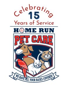 Home Run Pet Care logo celebrating 15 years of service – Nashville dog walking and pet sitting company