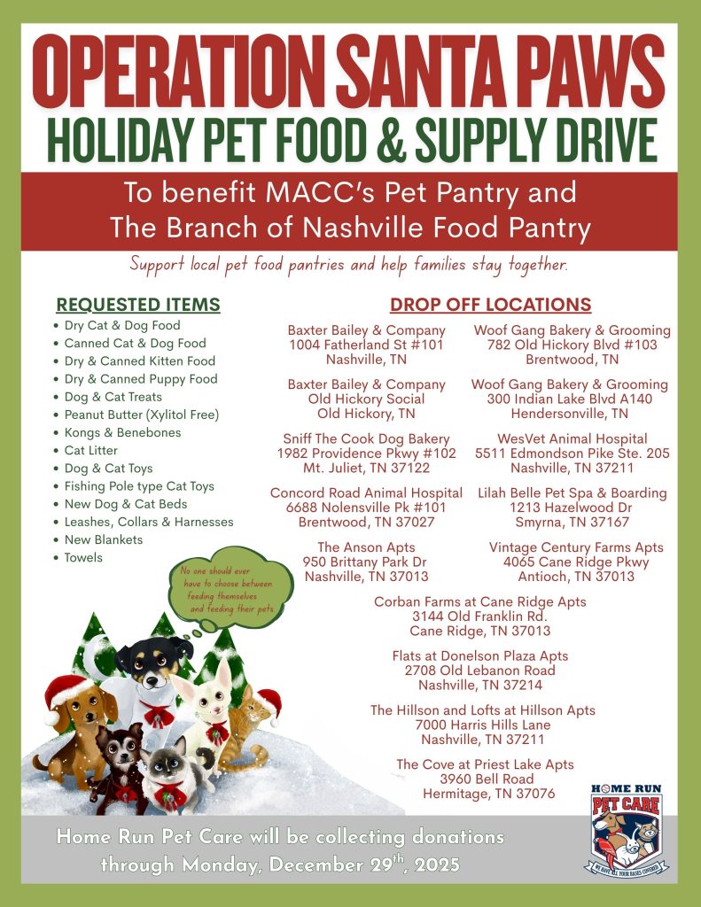 Operation Santa Paws Wish List & Drop Off Locations Poster - Santa Paws Nashville Holiday Pet Food and Supply Drive